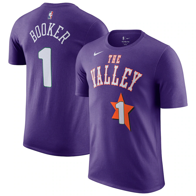 Men's Phoenix Suns #1 Devin Booker Purple 2024/25 City Edition Name & Number T-Shirt